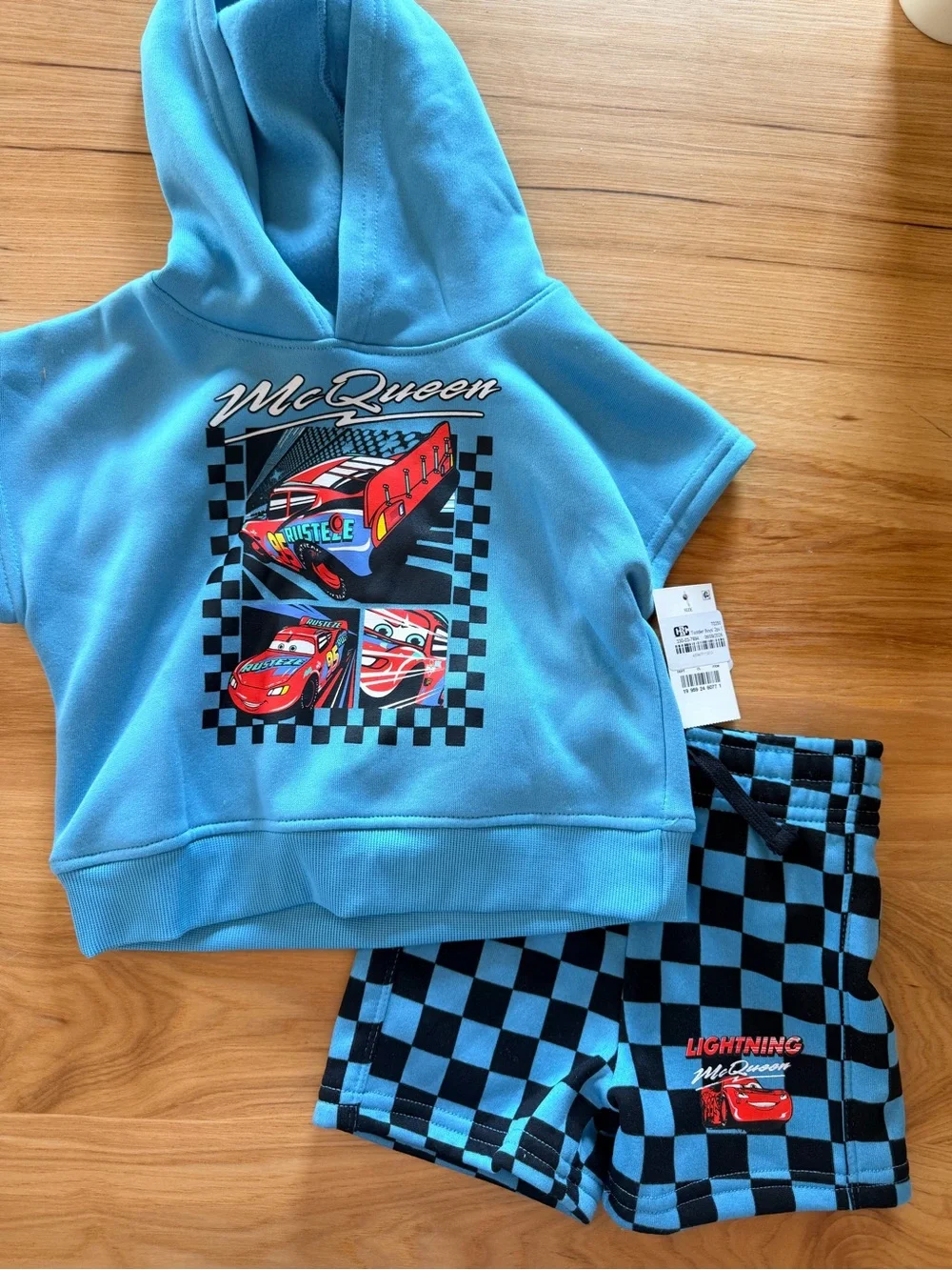 Disney Lightning McQueen Blue Hooded Top and Checkered Shorts Set